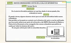 Noticia sobre nuevos ordenadores en el aula de informática, ideal para aprender como escribir una noticia para niños. Incluye foto.