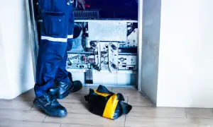 Tecnico ripara un ascensore guasto, impedendo l'accesso ai disabili. La borsa degli attrezzi è a terra.