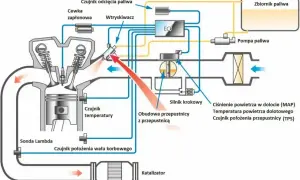 Schemat układu paliwowego z wtryskiem bezpośrednim: wtryskiwacz podaje paliwo do cylindra, sterowany przez ECU.