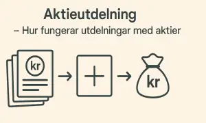 Grafisk illustration som visar hur aktieutdelning fungerar: aktier med "kr" leder till en summa pengar i en säck.