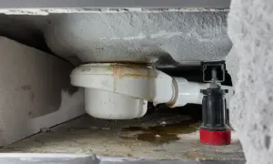 Undichter Duschabfluss mit Wasserflecken. Zeit, den abfluss dusche undicht reparieren.