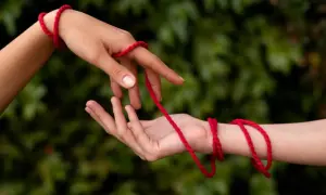 Dwie dłonie splatają czerwoną nitkę. Czy czerwona nitka to grzech? Symbol połączenia, losu, a może czegoś więcej?