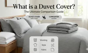 A neatly made bed with grey striped bedding. Text asks "What is a duvet cover?" and compares it to a comforter, detailing washing, style, and fabric.