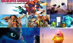 Collage de películas animadas: Grandes Héroes, Moana, Zootopia, Wall-E, Monsters, Inc. y Cómo entrenar a tu dragón. ¡Perfectas peliculas para niños de primaria!