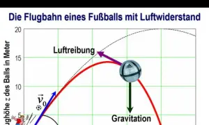 Flugbahn eines Fußballs mit Luftwiderstand. Die Grafik zeigt die Flugbahn eines Fußballs, beeinflusst durch Gravitation und Luftreibung. Die Luftwiderstand Formel ist hier visuell dargestellt.