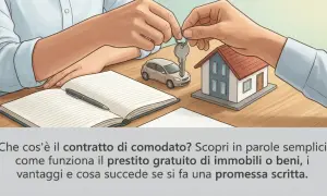 Scambio di chiavi per una casa in comodato d'uso. Sul tavolo, un'auto in miniatura, un quaderno aperto e una penna, pronti per formalizzare l'accordo.