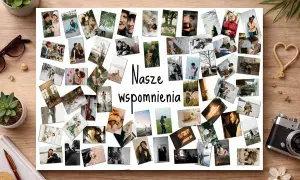 Kolarz zdjec z napisem "Nasze wspomnienia". Kolaż zawiera wiele zdjęć par, rodzin i przyjaciół w różnych sytuacjach.