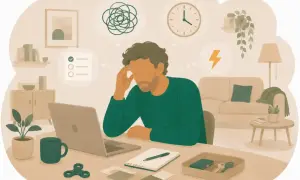 Man med ADHD kämpar med att hantera utbrott. Tankar om oordning, tid och energi cirkulerar.
