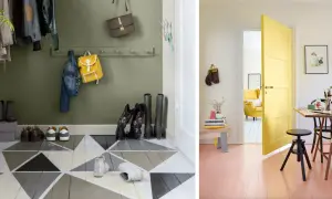 Hall med geometriskt mönster på golvet, som någon valt att måla golv. I ett annat rum syns ett rosa golv.