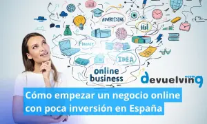 Mujer pensando en cómo montar un negocio online sin dinero. Ilustración de ideas, finanzas y éxito.