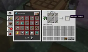 Jak zrobić stojak na zbroję w Minecraft: 6 patyków i 2 płyty kamienne w stole rzemieślniczym.
