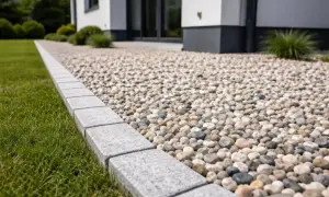 Kamienna opaska wokół domu z żwirowym podjazdem i zielonym trawnikiem.