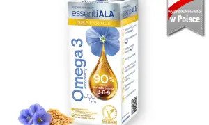 Opakowanie suplementu diety Omega 3 dla niemowląt, z wizerunkiem kropli oleju i kwiatów lnu.