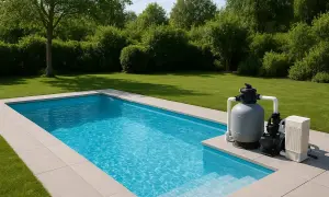 En pool med klart blått vatten och en pumpanläggning. Nackdelar med saltvattenpool kan vara korrosion på utrustning.