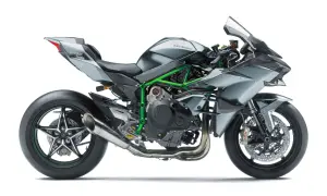 Szary motocykl Kawasaki Ninja H2R z zieloną ramą na białym tle.