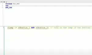 Kod programu PLC: zapala lampę, gdy oba przyciski są wciśnięte. To jest język ST.