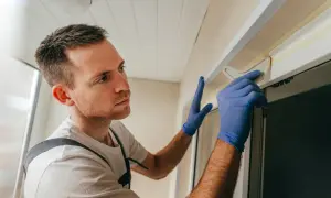 Mężczyzna w niebieskich rękawiczkach wygładza silikon wokół okna. Pokazuje, jak wymienić silikon w oknie.