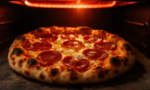 Pyszna pizza pepperoni w piecu, z rumianym, lekko przypalonym brzegiem. Czy pieczona z termoobiegiem, czy bez, wygląda apetycznie!