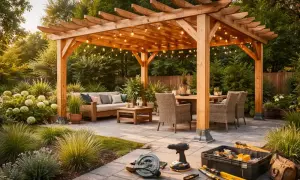 Drewniana pergola DIY z oświetleniem, meblami ogrodowymi i narzędziami budowlanymi.