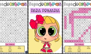 Juego de sopa de letras para primaria con temática de San Valentín. Busca las palabras escondidas como "amor", "romance" y "bombones".