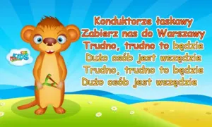 Bajkowy zajączek z procą w łapkach, na tle nieba i zielonej łączki, śpiewa piosenkę "Konduktorze łaskawy, zabierz nas do Warszawy". Jedzie pociąg z daleka.