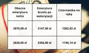 Tabela pokazuje obecną emeryturę netto, emeryturę brutto po waloryzacji i czternastkę na rękę.