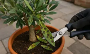 Gefleckte Blätter an einem Olivenbaum deuten auf Krankheiten hin. Eine Hand mit Handschuh schneidet befallenes Blatt ab.