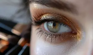 Un œil vert aux reflets dorés, sublimé par un maquillage scintillant. Des paillettes et des ombres chaudes illuminent le regard, accentuant la profondeur des yeux marrons.