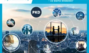 Ilustracja przedstawia miasto z nałożonymi okręgami symbolizującymi różne aspekty biznesu i technologii, w tym napis PKD.