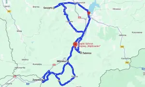 Trasy motocyklowe Małopolska: malownicza pętla przez Szczyrk, Żabnicę i Zwardoń, z zaznaczonym schronem bojowym.