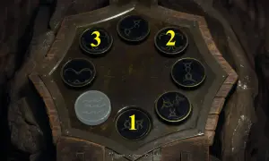 Zagadka z Resident Evil 4: sześć okrągłych przycisków z symbolami, trzy ponumerowane.