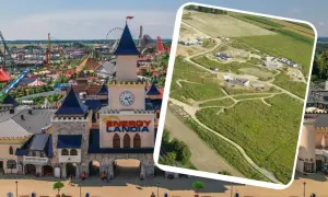 Energylandia: od budowy do zabawy. Widać plac budowy i gotowy park rozrywki, który powstał w 2014 roku.