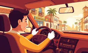 Hombre sudando al volante, con el cartel de "AUTOESCUELA" al fondo. Claros nervios examen conducir.