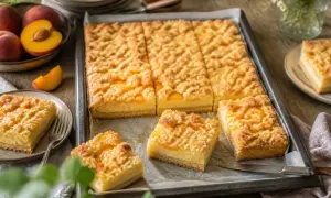 Saftiger Pfirsich Streuselkuchen auf einem Blech, mit frischen Pfirsichen und goldbraunen Streuseln. Ein Stück auf einem Teller daneben.