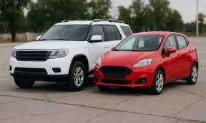 Czerwony hatchback obok białego SUV-a. Zastanawiasz się, hatchback co to? To praktyczne auto miejskie.