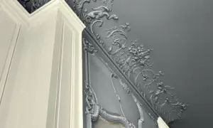 Magnifique peinture velours plafond avis : moulures grises ornées de créatures mythiques et de fleurs, contrastant avec un coin de mur blanc.