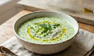 Un bol de soupe de concombre crémeuse, garnie d'aneth frais, de dés de concombre, d'huile d'olive et de poivre noir. Parfait pour une journée chaude.