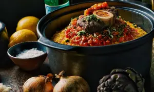 En mustig risotto milanese med en saftig köttbit och tomatsås, omgiven av citroner, lök och kronärtskocka.
