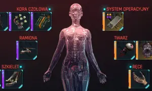 Przezroczysta, mechaniczna dziewczyna cyberpunk z widocznymi częściami: kora czołowa, ramiona, szkielet, twarz i ręce.
