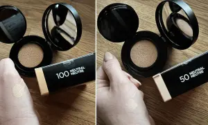 Warm beige jaki to kolor? Dwa odcienie podkładu w kompakcie: 100 i 50. Na dłoni testowany kolor.