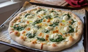 Pizza blanche garnie d'épinards frais et de généreuses touches de ricotta crémeuse, le tout sur une pâte dorée. Un délice !