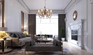 Elegancki salon styl klasyczny z szarymi sofami, marmurowym kominkiem i mosiężnym żyrandolem.