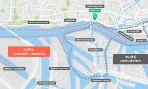 Karte des Hamburger Hafens mit Routen für Container-Terminals und Speicherstadt. Perfekt für deinen Hamburg Blog!