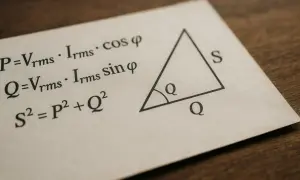 Formuły elektryczne: P=Vrms·Irms·cos φ, Q=Vrms·Irms·sin φ, S²=P²+Q². Trójkąt z oznaczeniami P, Q, S. Moc pozorna S.