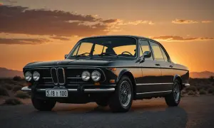 En klassisk svart BMW 2002 står parkerad mot en dramatisk solnedgång. En tidlös skönhet bland BMW-modeller genom tiderna.