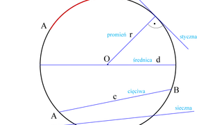 Ilustracja geometryczna z okręgiem, promieniem, średnicą, łukiem, cięciwą, sieczną i styczną.