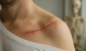 Świeża blizna po operacji po złamaniu nasady bliższej kości ramiennej. W tle widoczny szkielet.