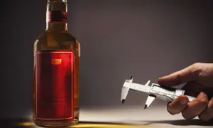 Dłonią trzymam suwmiarkę, mierząc ile procent ma whisky w butelce.