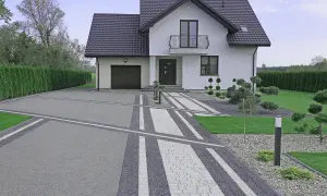 Nowoczesny podjazd z kruszywa i kostki brukowej, tworzący ciekawe wzory. Inspiracje dla Twojego ogrodu.