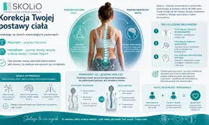 Grafika przedstawia kobietę z zaznaczonym kręgosłupem, ilustrująca korekcję postawy ciała na poziomie fizycznym i mentalnym.